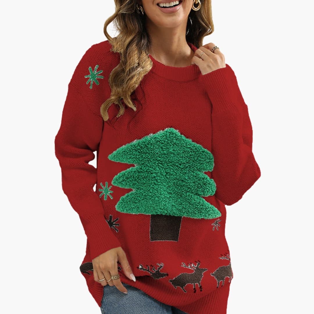 Dames Kersttrui met ronde hals en flockontwerp