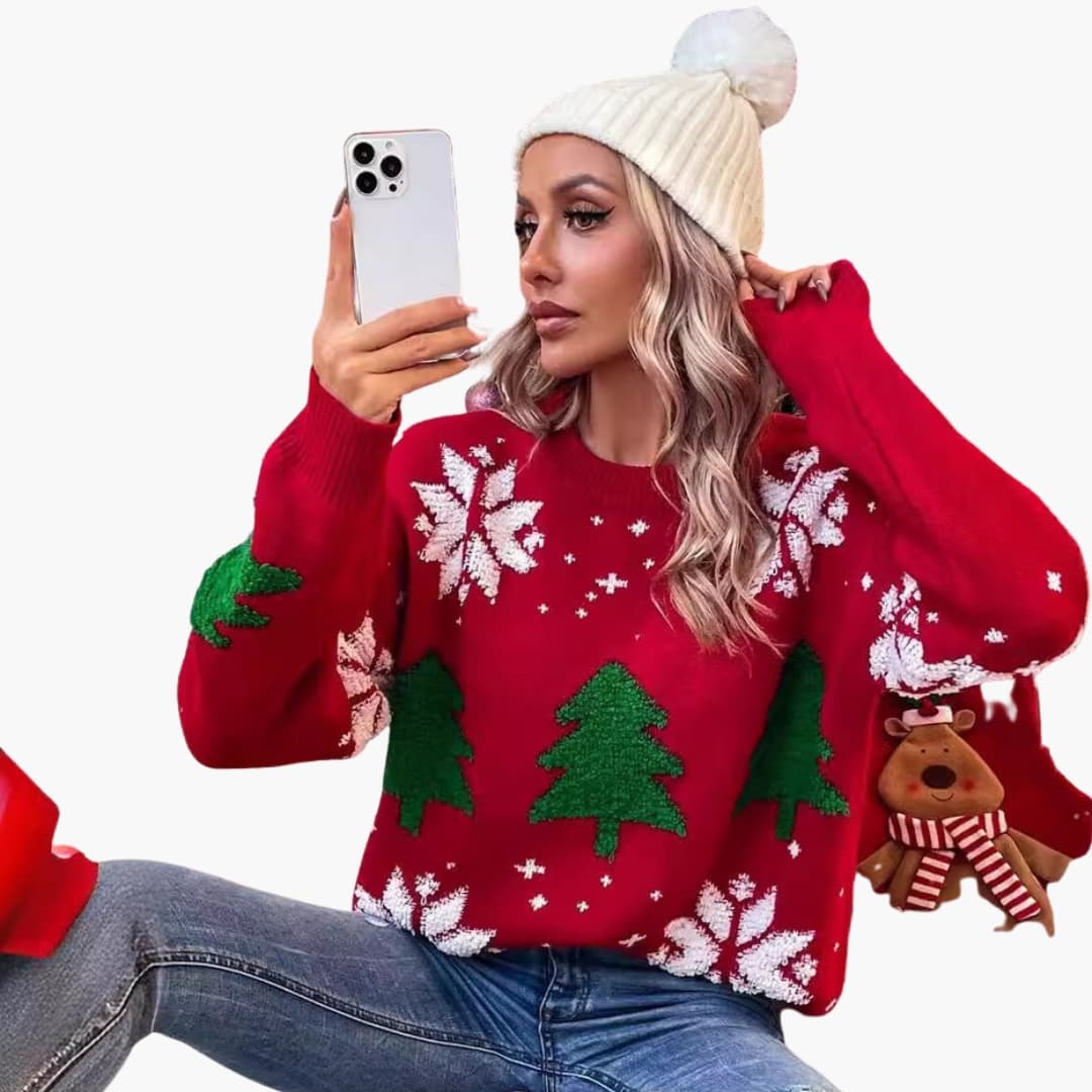 Dames Kersttrui met Ronde Hals en Wintermotief