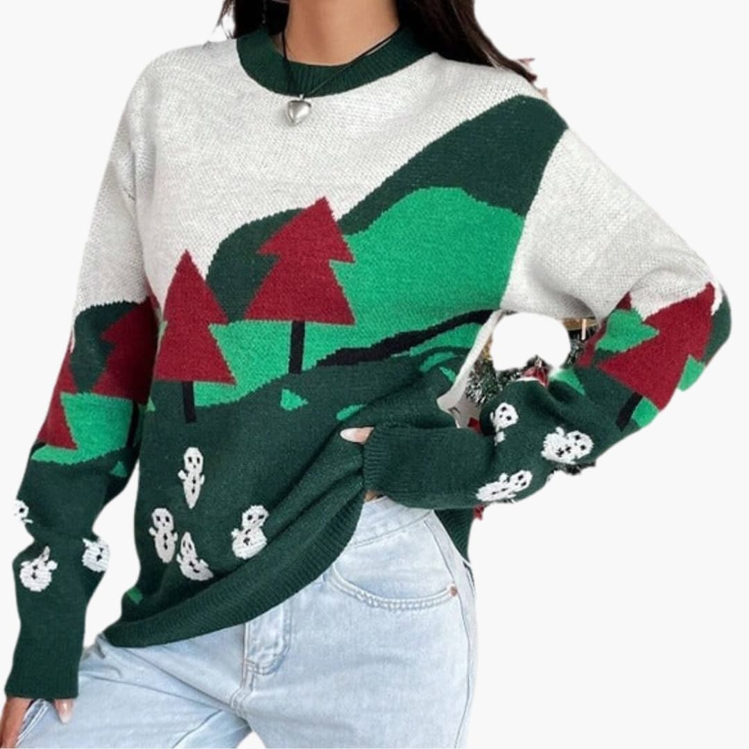 Dames Kersttrui met hoge kraag en sneeuwmotief