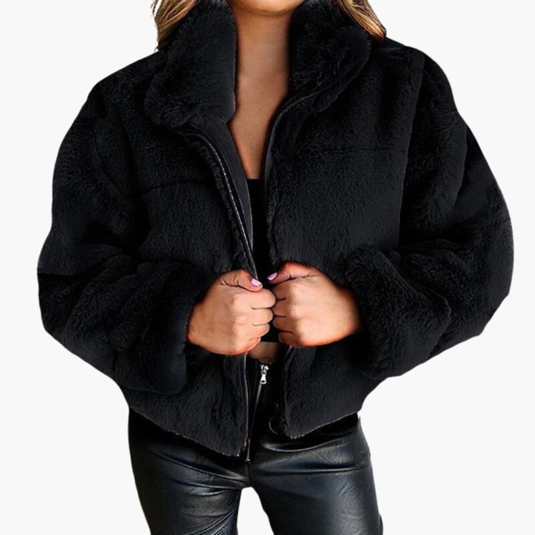 Dames Kunstbontjack met Rits en Staande Kraag