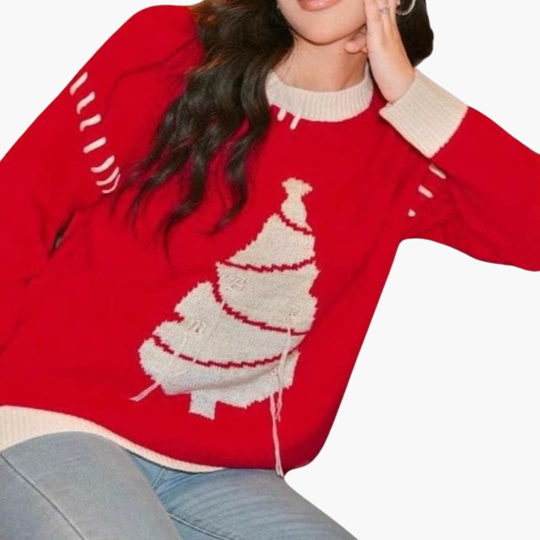 Dames Kersttrui met Ronde Hals en Boom Motief