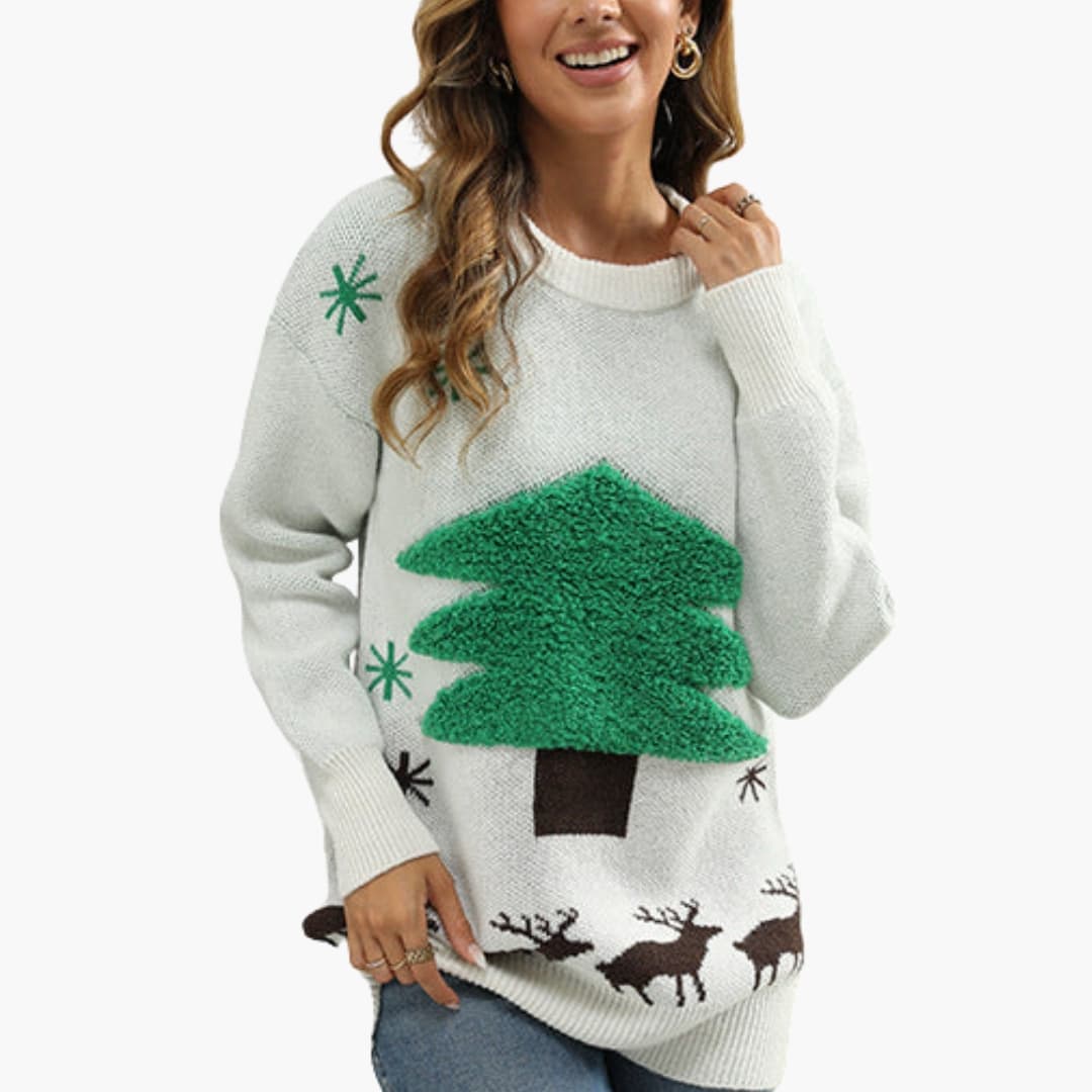 Dames Kersttrui met ronde hals en flockontwerp