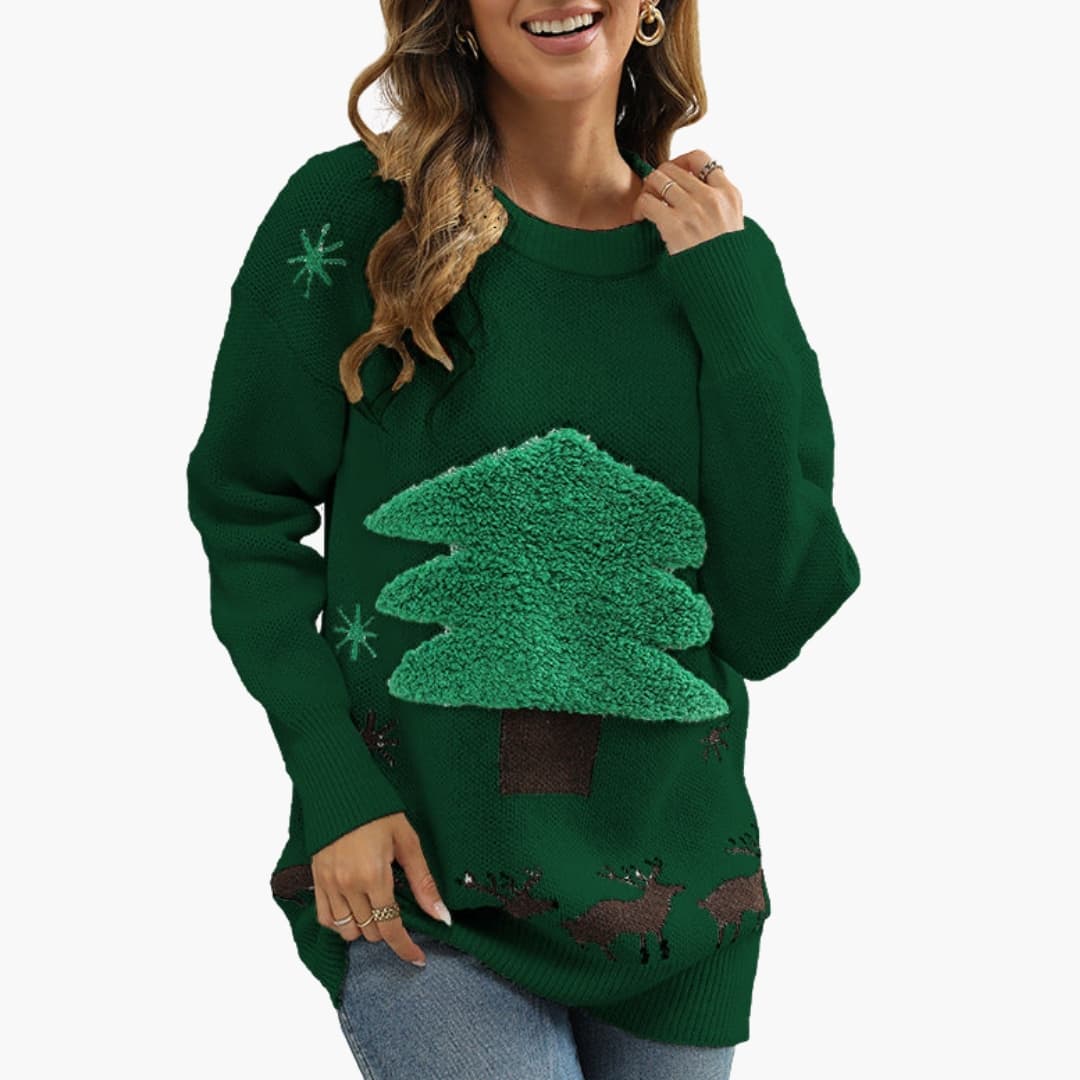 Dames Kersttrui met ronde hals en flockontwerp