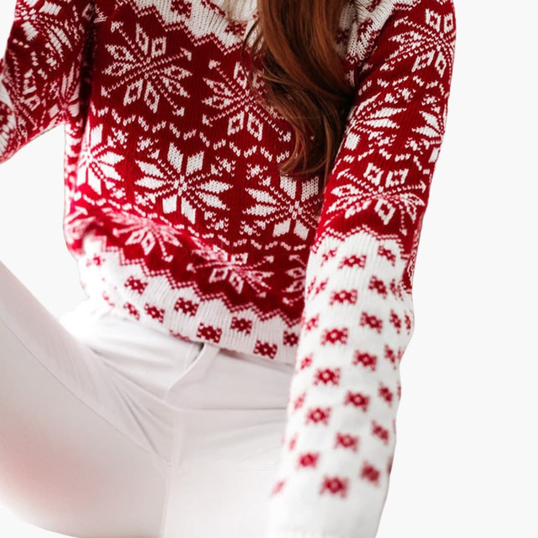 Dames Kersttrui met Ronde Hals en Sneeuwvlokpatroon