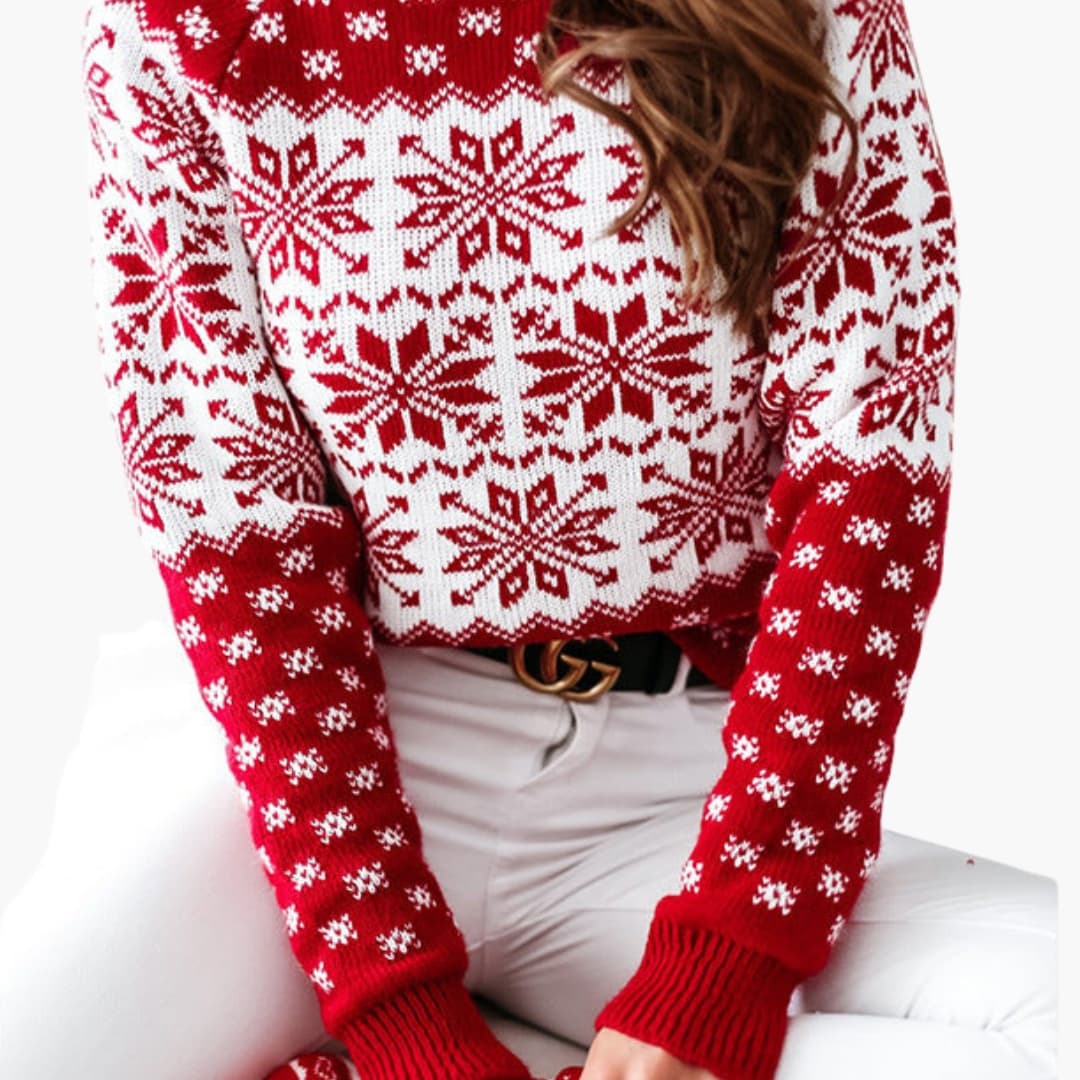Dames Kersttrui met Ronde Hals en Sneeuwvlokpatroon