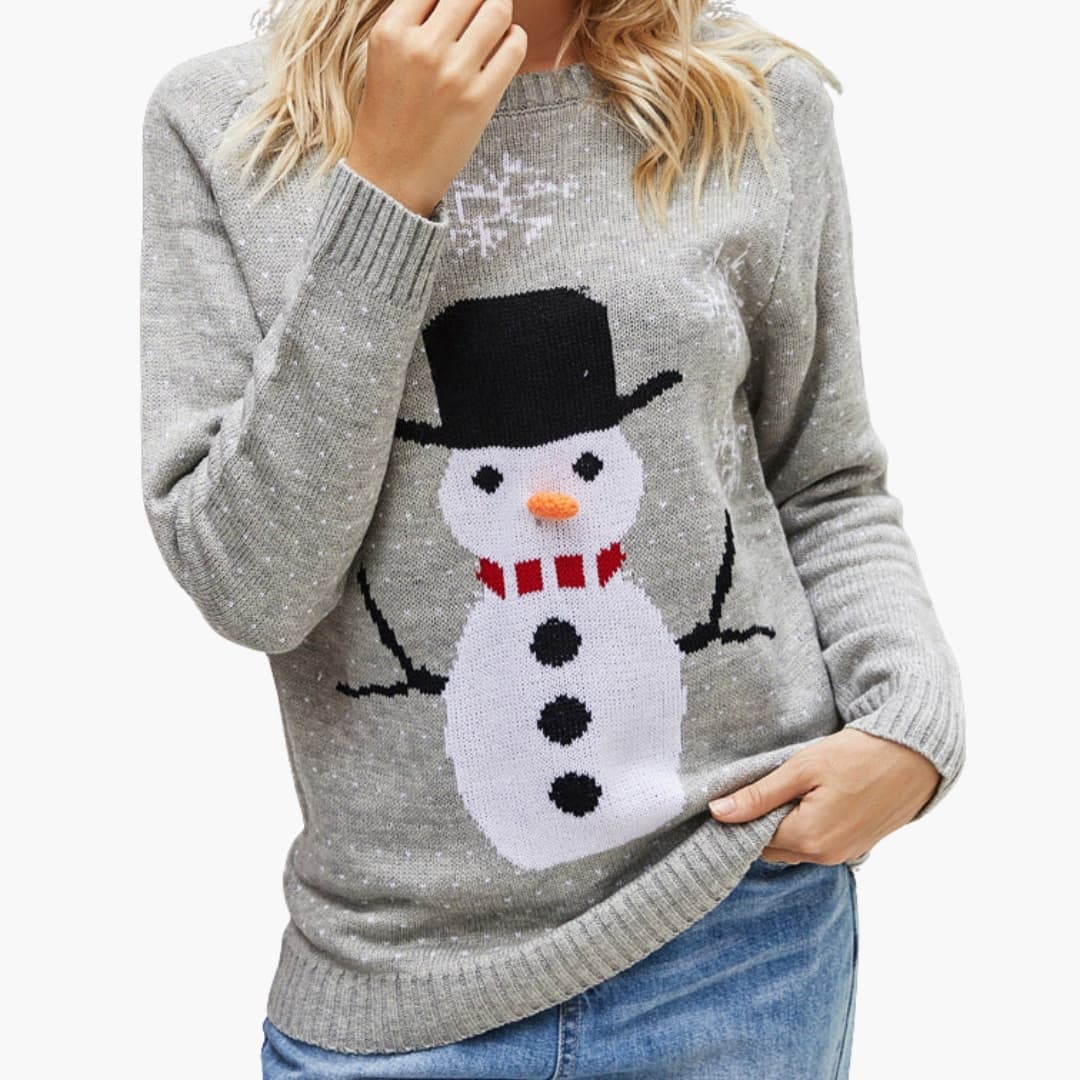 Dames kersttrui met ronde hals en sneeuwmanmotief