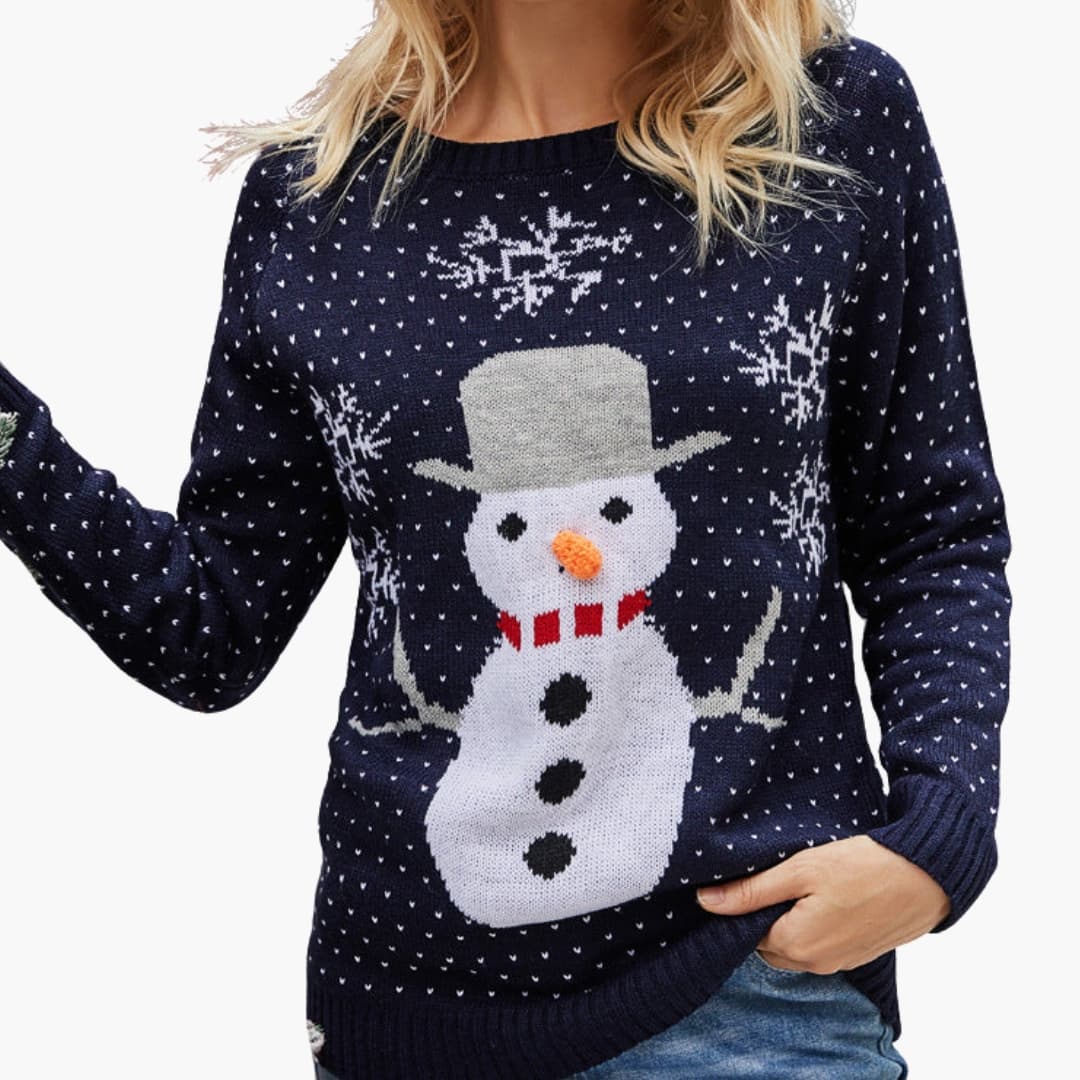 Dames kersttrui met ronde hals en sneeuwmanmotief