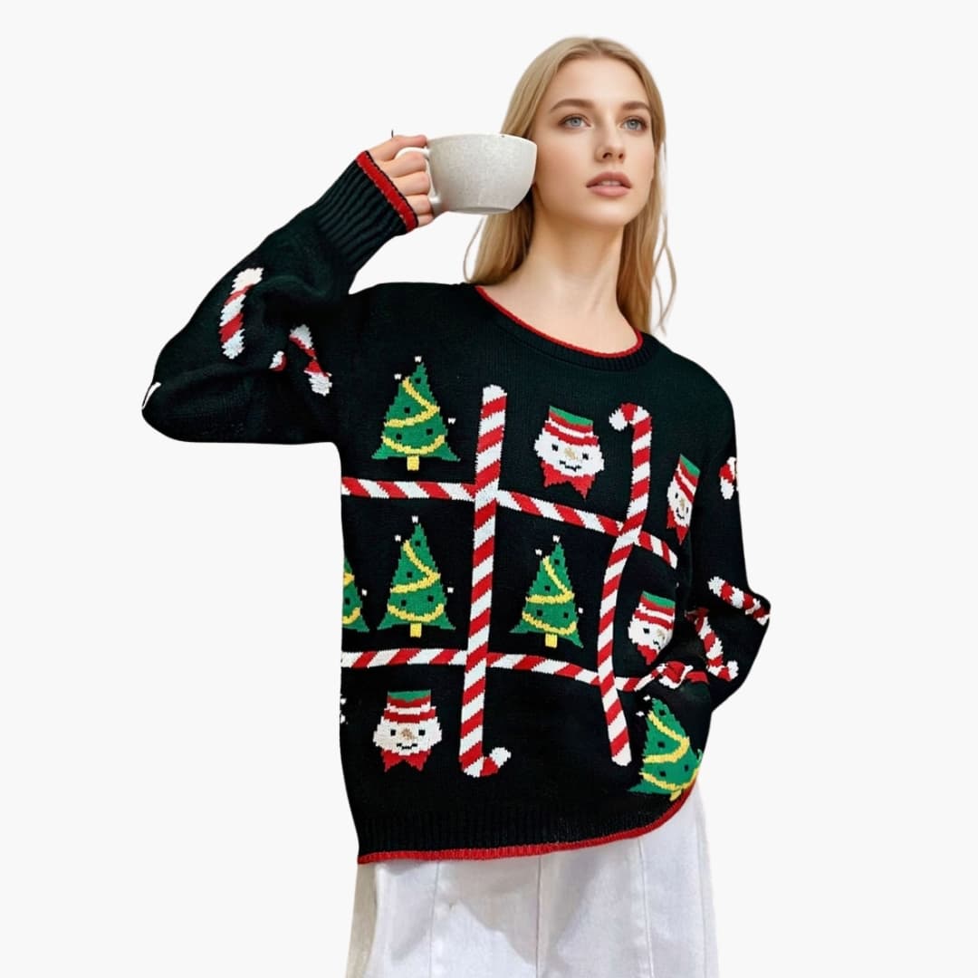 Dames Kersttrui met Ronde Hals en Kerstmotief