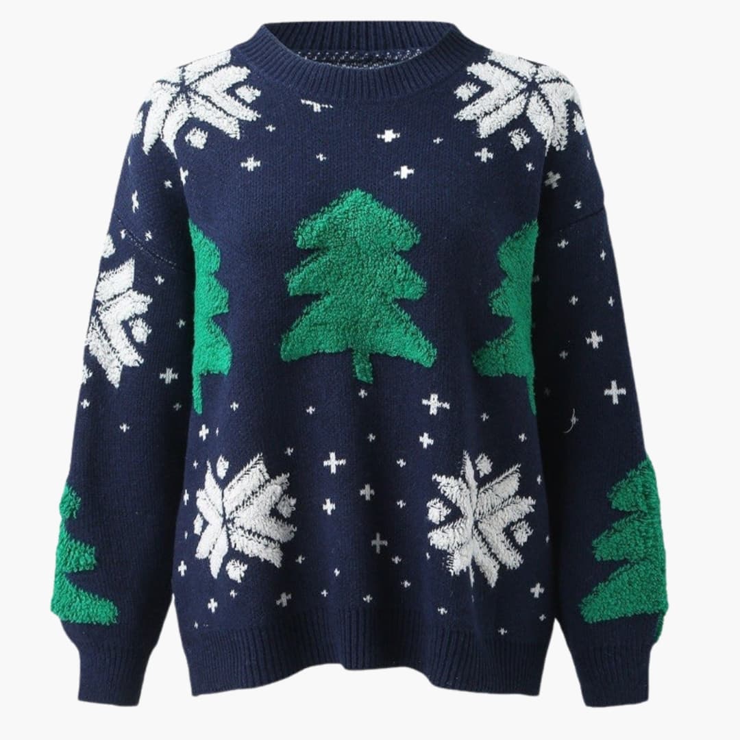 Dames Kersttrui met Ronde Hals en Wintermotief