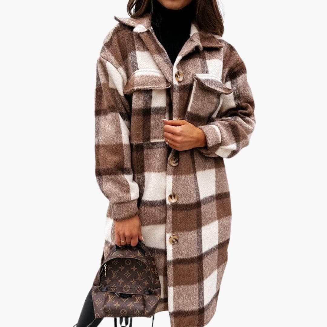 Dames lange ruitmantel met knoopsluiting en reverskraag